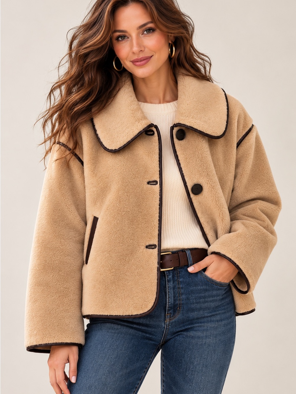 NWT Commense Camel Faux Shearling Teddy Jacket Plush Cost Contrast Trim Medium